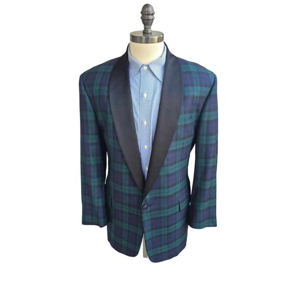 Tom James Tartan Plaid Tuxedo Jacket Satin Shawl Lapel Blazer Green Blue Sz 42 R